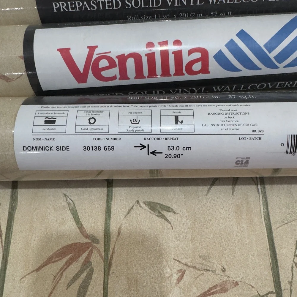 NOS MCM Vintage Venilia Bamboo Vinyl Wallpaper Prepasted Beige Green 4 Rolls